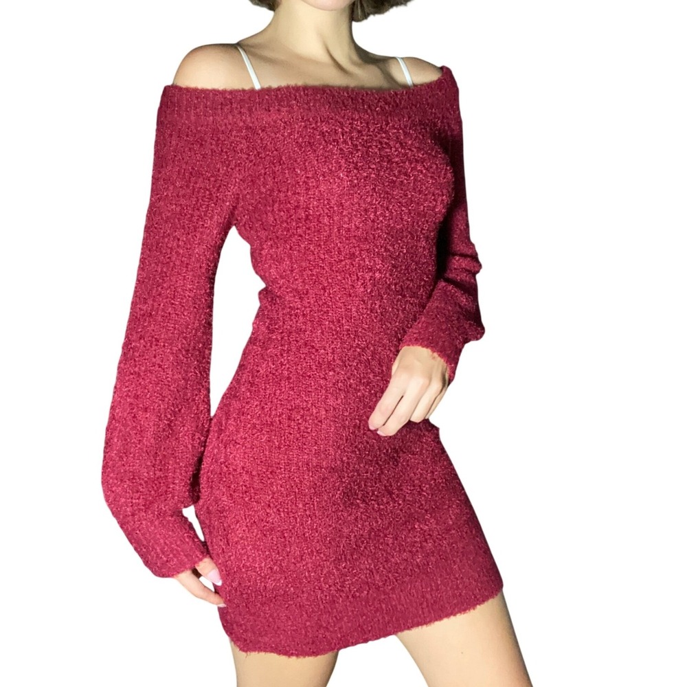 Almost Famous Y2K Red Balloon Sleeve Boat Neck Fuzzy Sweater Mini Dress - Size M